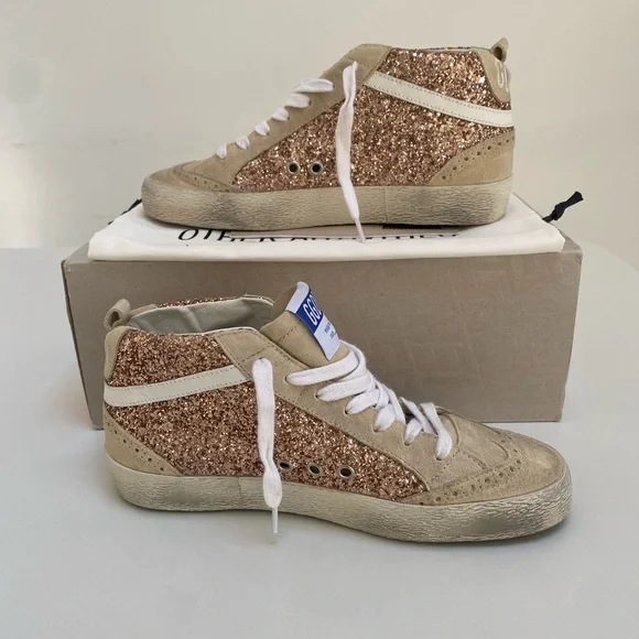 Golden Goose Mid Star Sneaker Rose Gold Glitter/Beige Leather/Suede 39 New Box - Picture 5 of 15